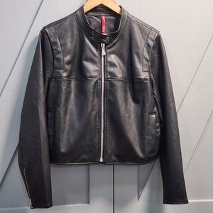 NWOT Spanx Women XL Leather-Like Moto Jacket Luxe Black Full Zip Vegan